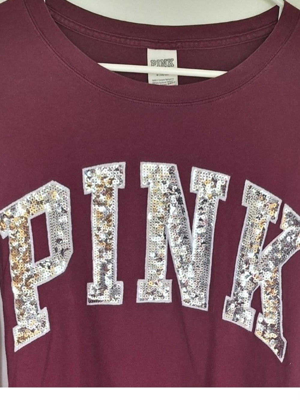 PINK Victoria's Secret Long Sleeve Tee with Sequin Logo - Burgundy